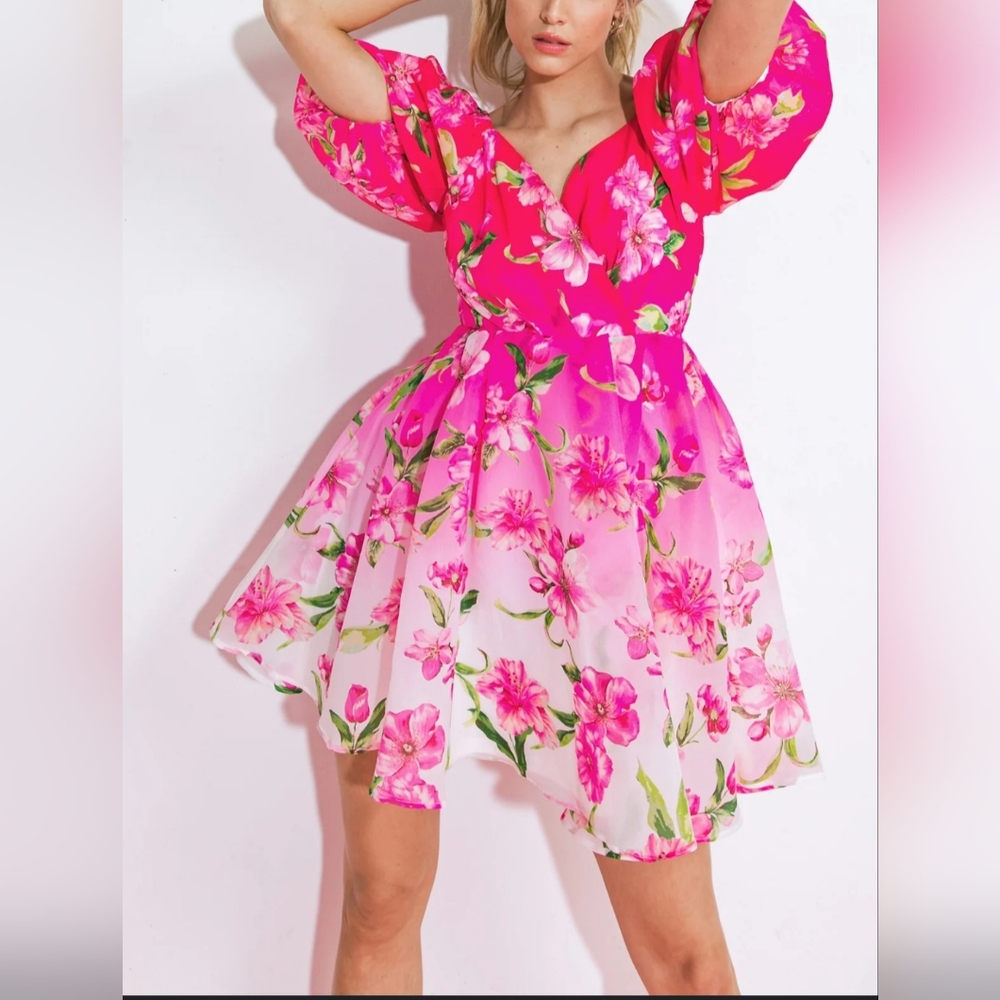 Flying Tomato Bright Pink Ombre V Neck Babydoll Mini Dress Sz Small Puff Sleeves